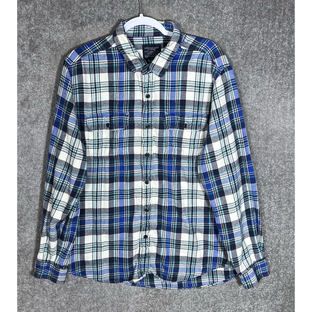 American Eagle AEO Button Up Flannel Shirt Mens Size XL Blue Green Plaid Cotton